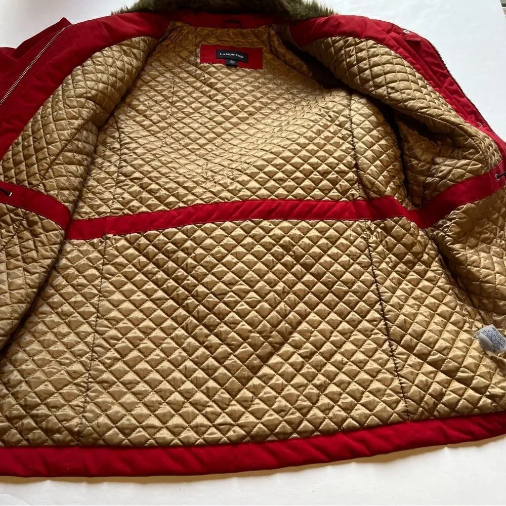 Lands' End Women's Red Winter Coat with Faux Fur Collar Lined Size M(10-12)